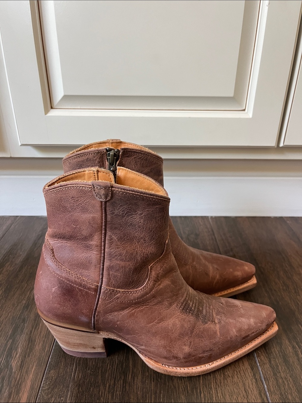 Women's Tevovas Brown Leather Western Booties - Classic Low Heel - Picture 6 of 9